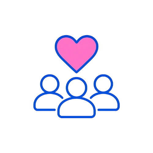Icône de trois silhouettes bleues avec un cœur rose symbolisant les ateliers de prévention et l’échange autour de la santé