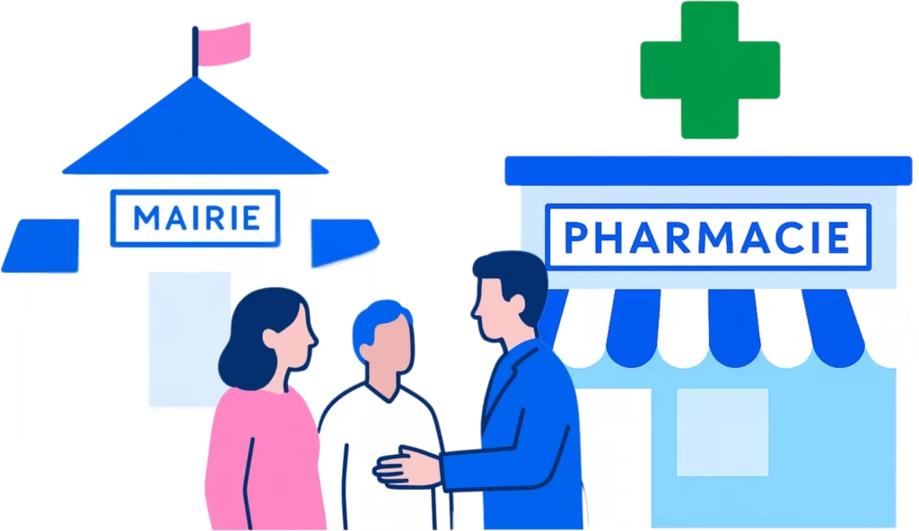 Illustration représentant une mairie et une pharmacie symbolisant le partenariat local entre les collectivités et l’association Ma Santé Ma Commune
