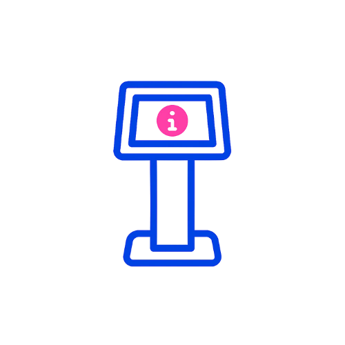 Icône de borne d’information bleue avec tablette et symbole rose représentant les points d’information citoyens