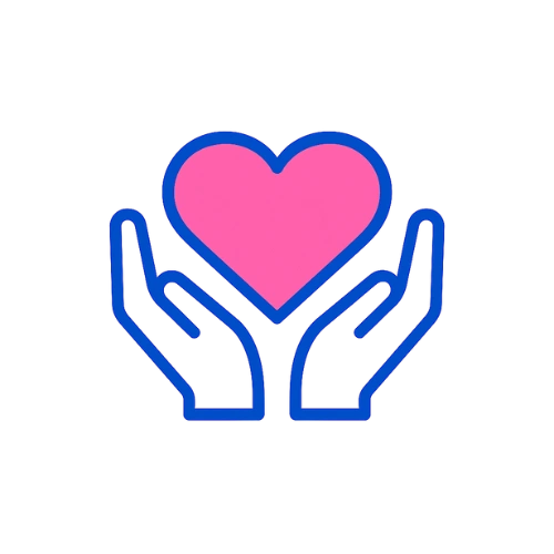 Icône de mains bleues tenant un cœur rose symbolisant l’unité sociale et la solidarité